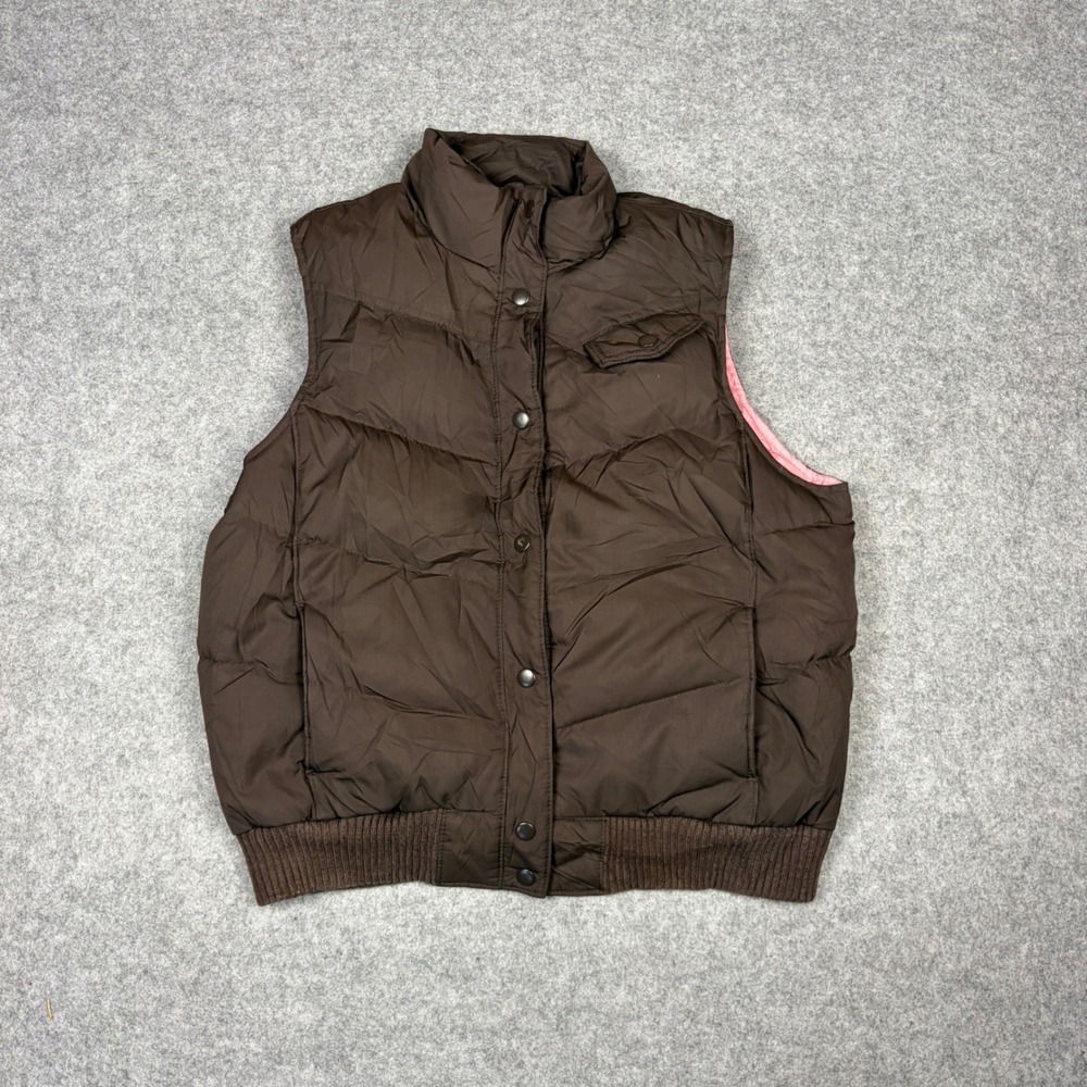 Gap Puffer Vest Brown Pink Lining Quilted Snap Front Ribbed Hem Womens Large